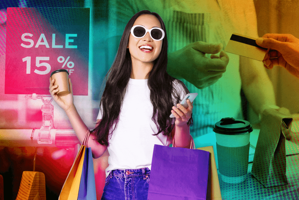 woman drinking coffee while on shopping spree