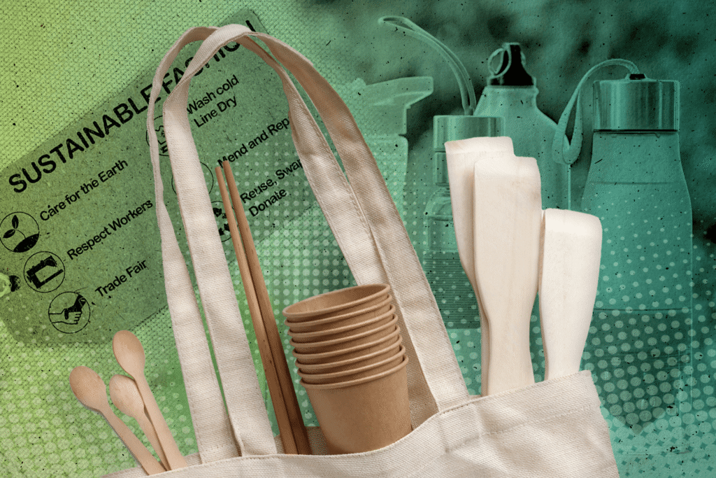 a photo of eco-friendly products like eco bags, utensils and more.
