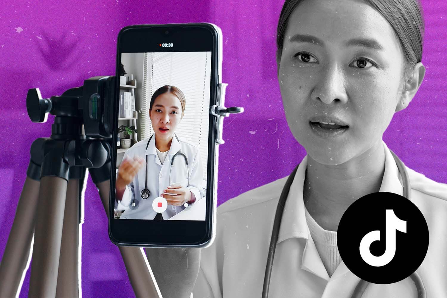 Picture of a doctor recording a video via a smartphone with a TikTok logo on the lower right