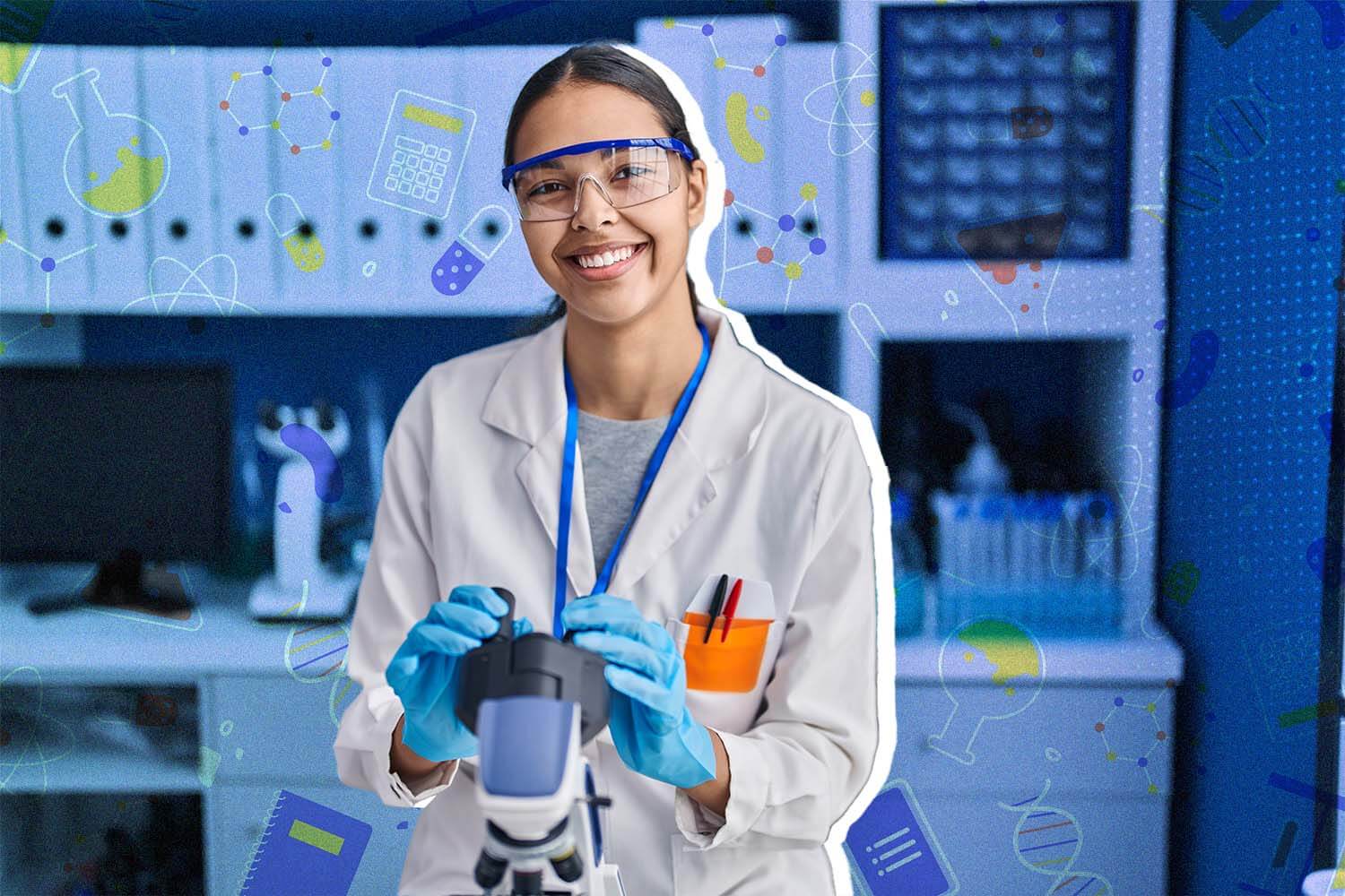 A picture of a smiling woman in STEM doing her job as a scientist.