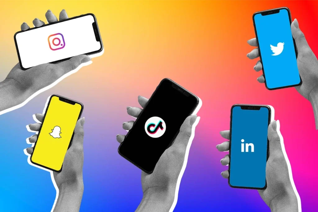 Logos of 5 social media platforms for marketing, Snapchat, Twitter, Instagram, Tiktok, and Linkedin.