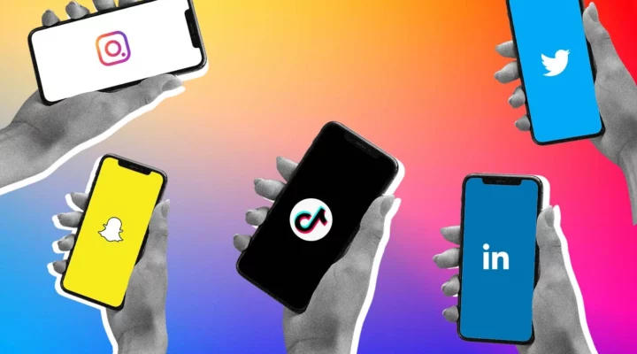 Logos of 5 social media platforms for marketing, Snapchat, Twitter, Instagram, Tiktok, and Linkedin.