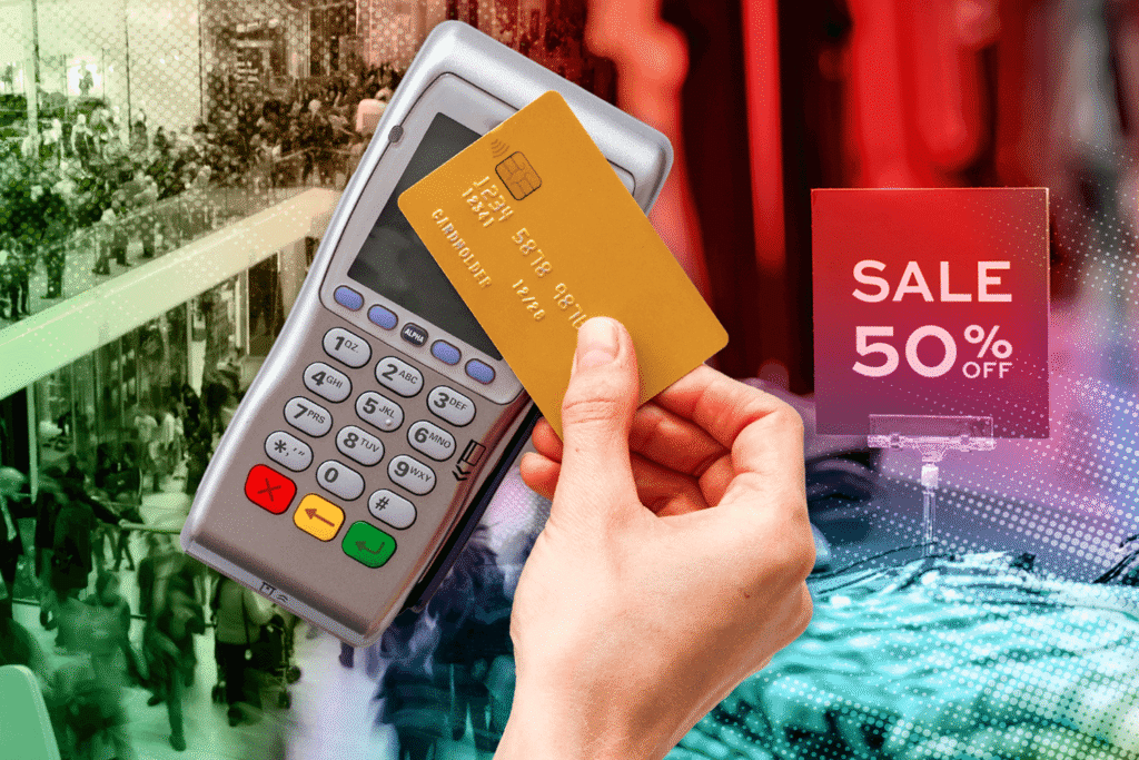 A photo of mall design and card scanner to represent ways of mall design motivating shopping sprees.