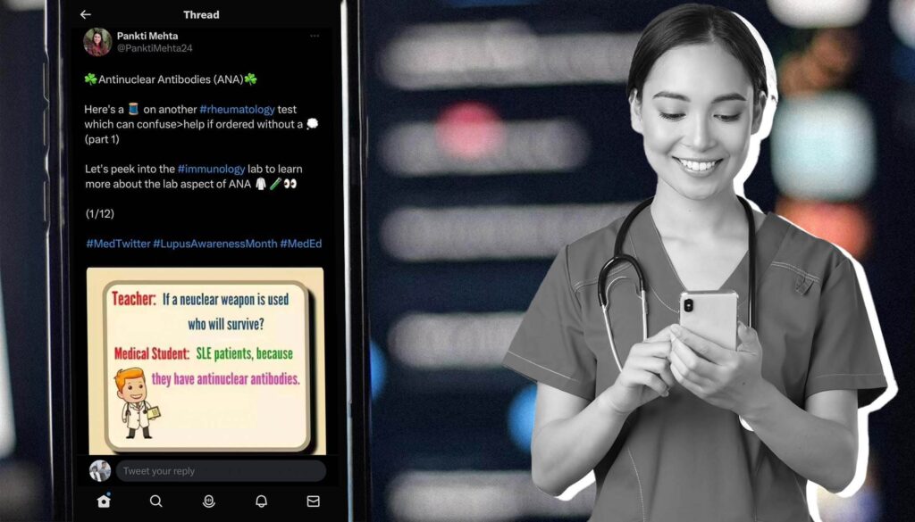 a photo of a woman showing #medtwitter as her twitter thread interest