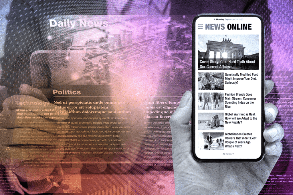 A photo of the phone showing the five interactive stories that bring data to life