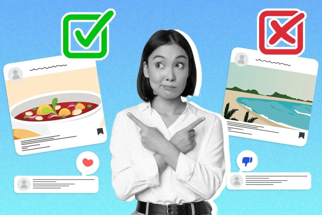Woman showing the do’s and don’ts of social media marketing.