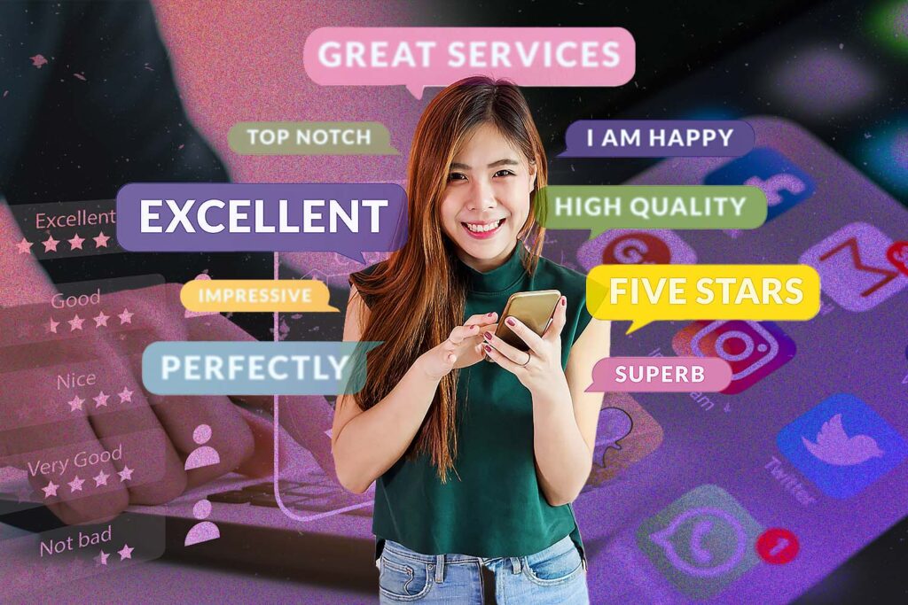 a woman checking social media sentiment of her business on her phone
