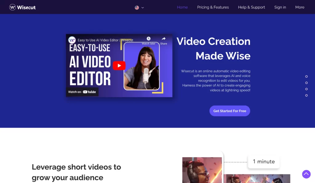 Wisecut website, an AI tool for efficient video editing