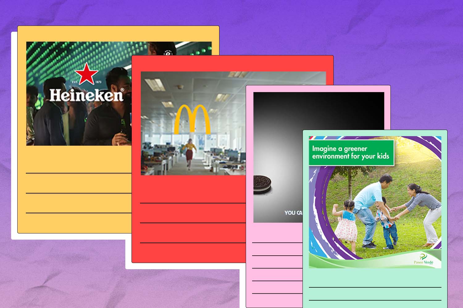 Digital marketing campaign examples including Heineken’s Cheers to all, McDonald's Raise your Arches, Oreo’s Dunk in then Dark, and Paseo Verde digital campaign.