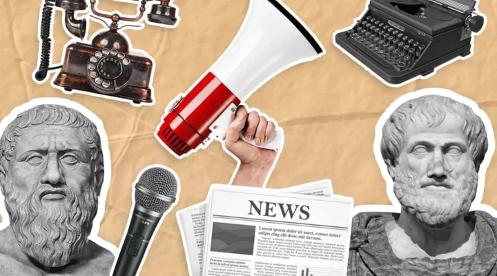 Images of Plato, Socrates, a newspaper, typewriter, megaphone and a microphone to show the evolution of public relations.