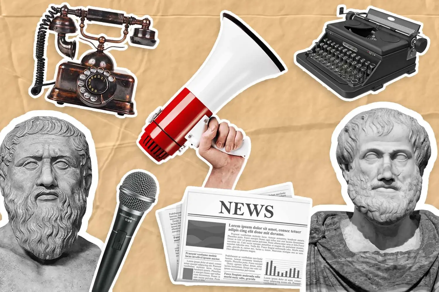 Images of Plato, Socrates, a newspaper, typewriter, megaphone and a microphone to show the evolution of public relations.