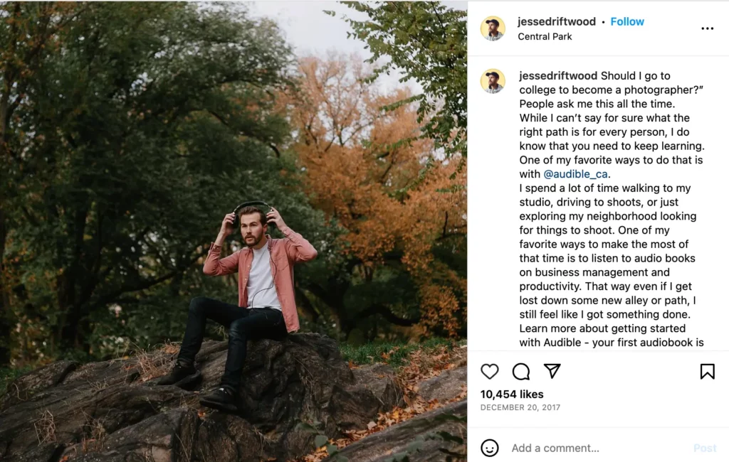 Jesse Driftwood instagram post collaboration with audible for their influencer marketing campaign.