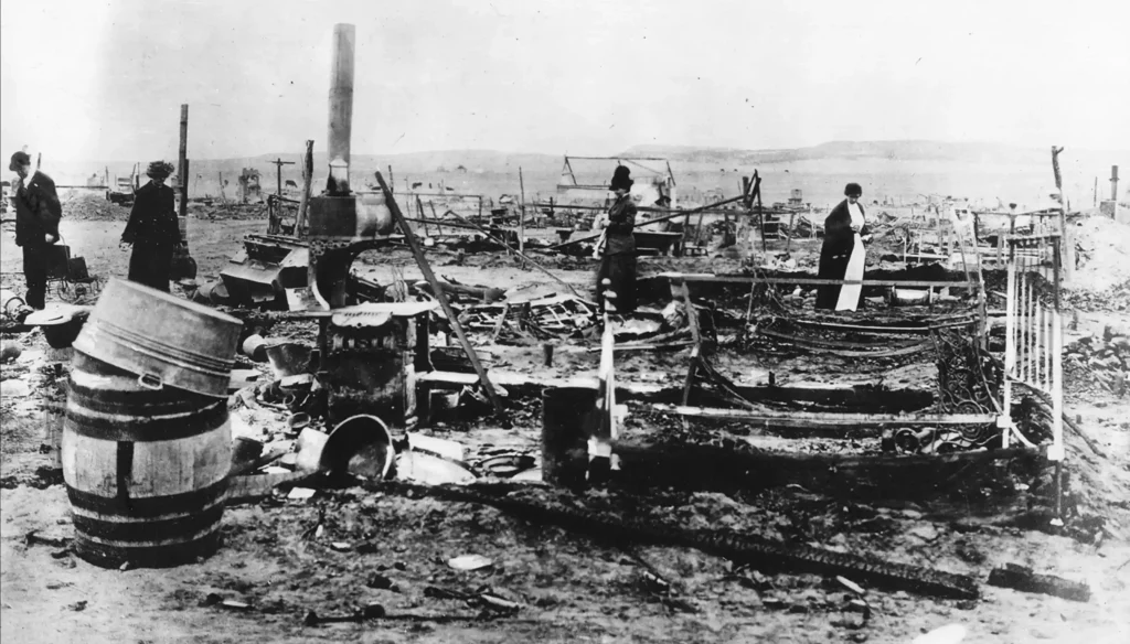 Ruins of the Ludlow miners' camp in Colorado after it was burned by National Guard troops, April 1914.
Photo courtesy of Britannica