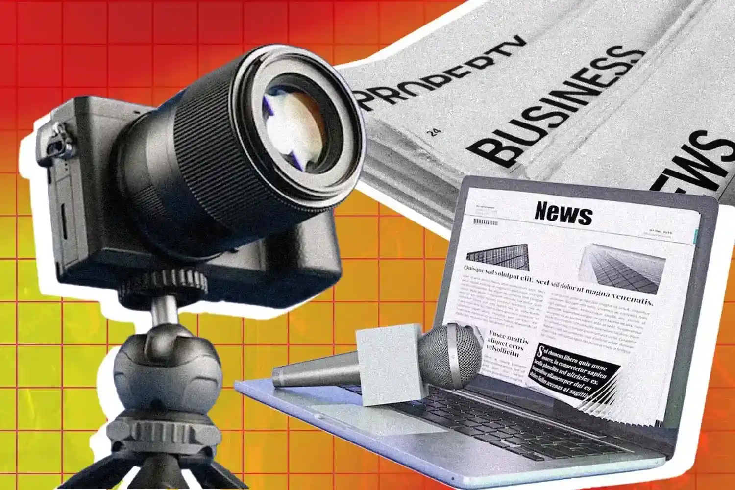 Photo of a newspaper, broadsheet, laptop, and microphone to illustrate the value of media relations.