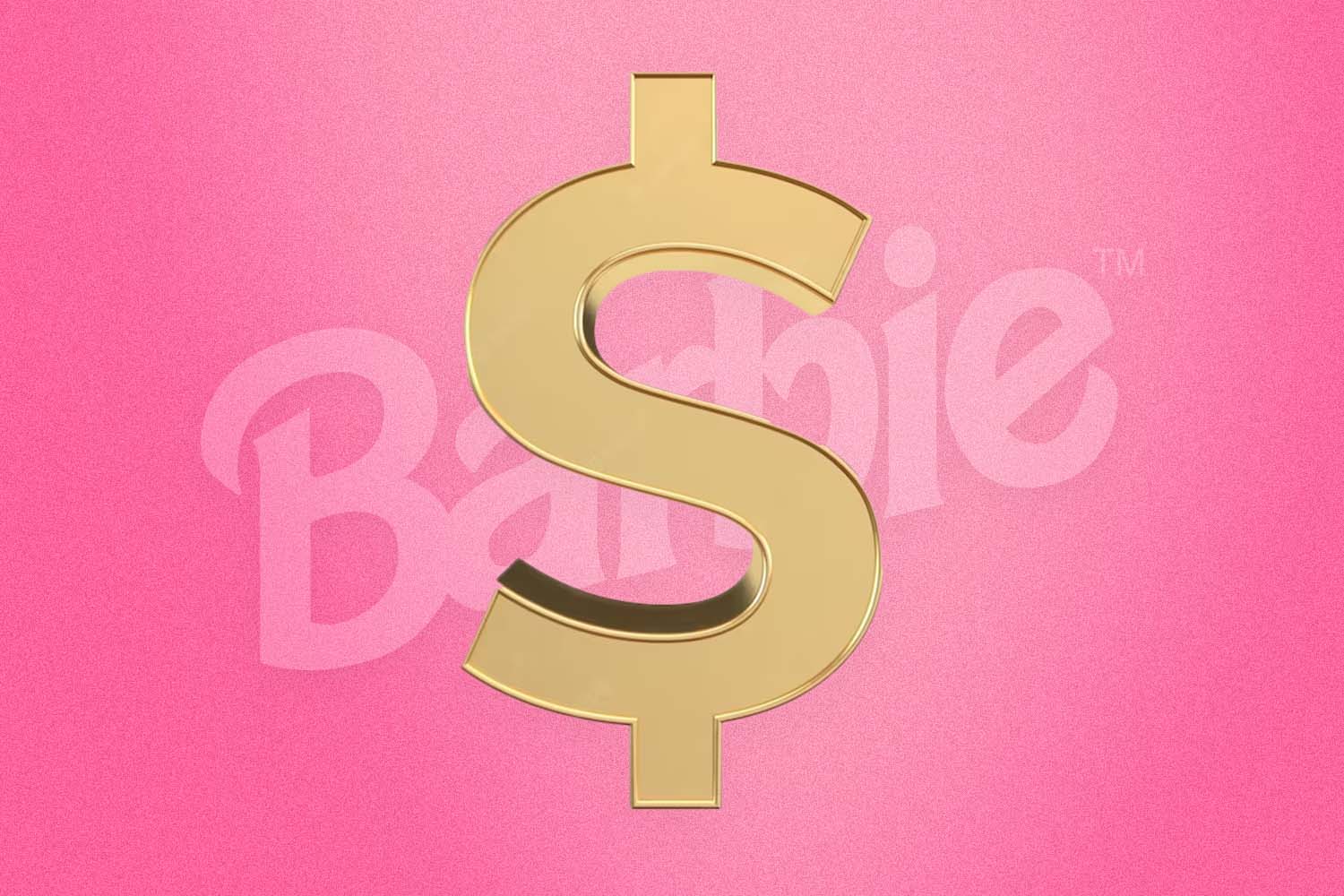 A dollar sign on a Barbie themed background.