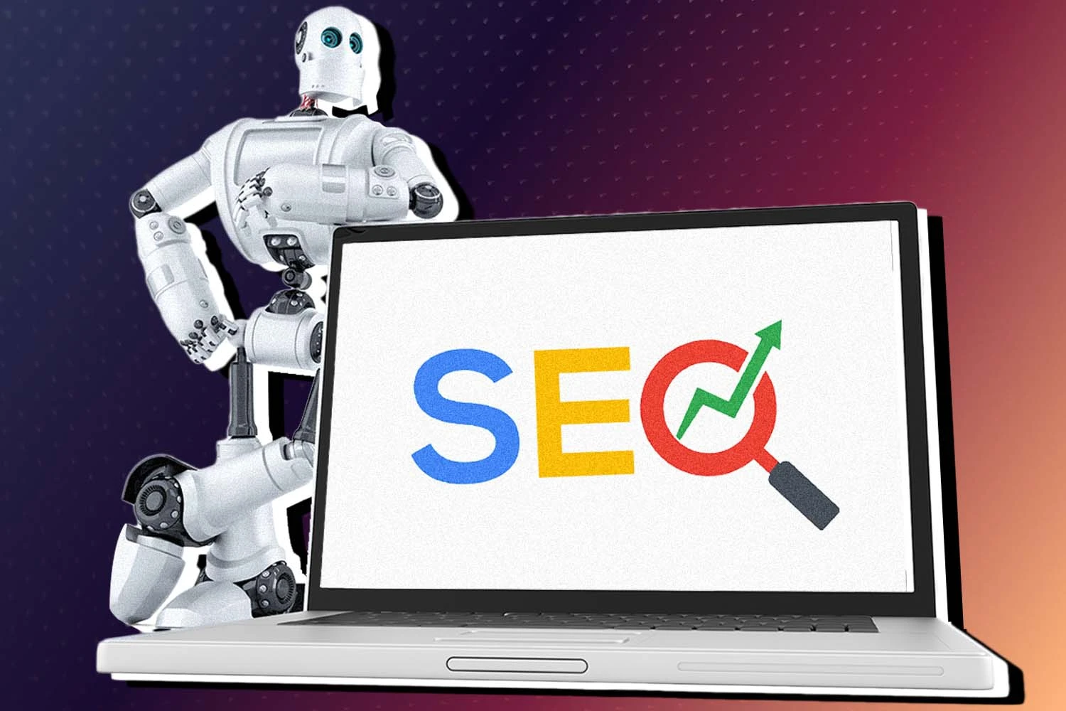 A robot and a laptop represent AI SEO tools that can help optimize website contents.