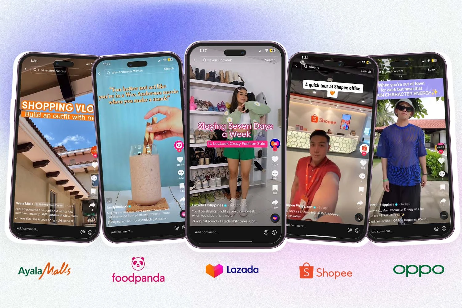 TikTok contents from Ayala malls, Food panda, Lazada, Shopee, and Oppo, the top brands dominating TikTok right now.