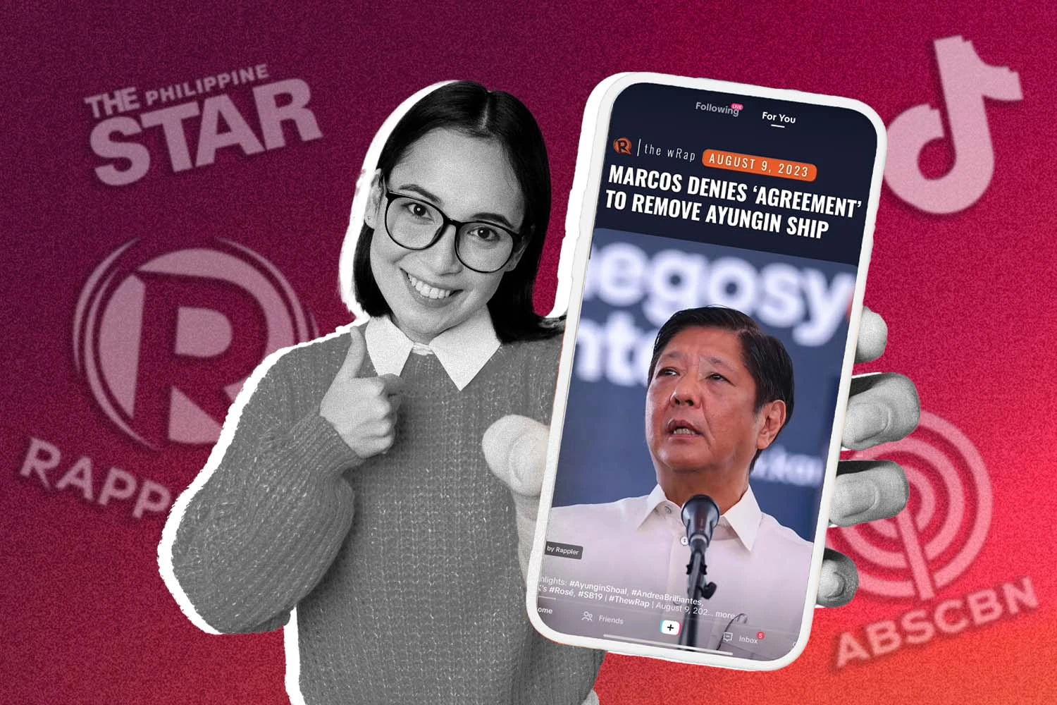 Logos of news publications on tiktok including Rappler, Abs-cbn, and Philippine star.