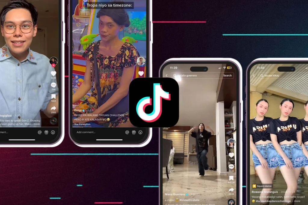 Images of Filipino content creators and their videos on TikTok, including Esnyr and Niana Guerrero