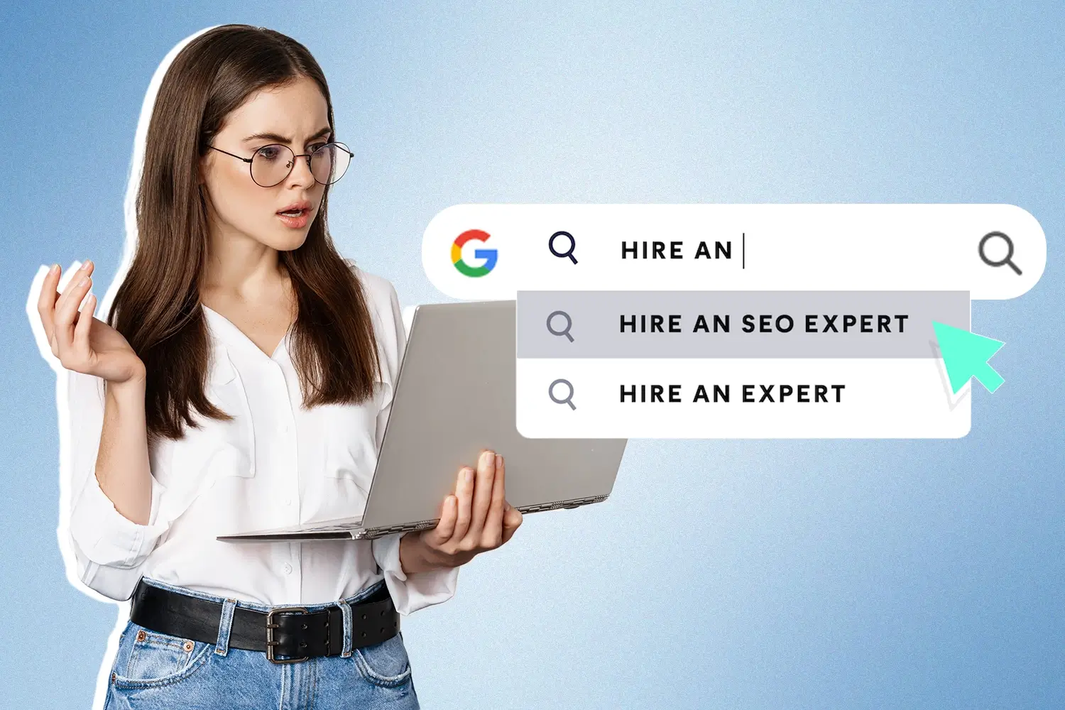 A digital marketing professional searching on Google for the things she needs to consider before hiring an SEO agency.