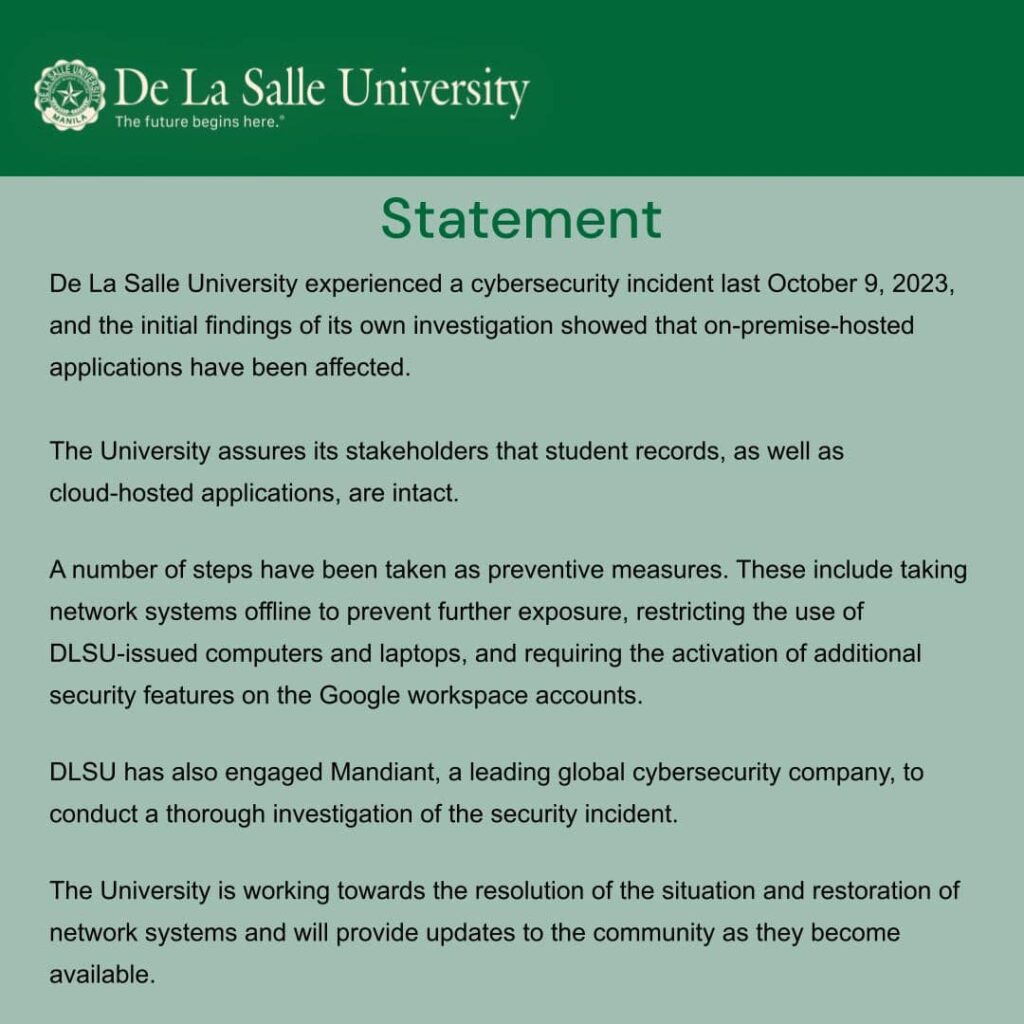 De La Salle University's official statement for the recent cybersecurity incident. One of the recent PH cybersecurity attacks this year.