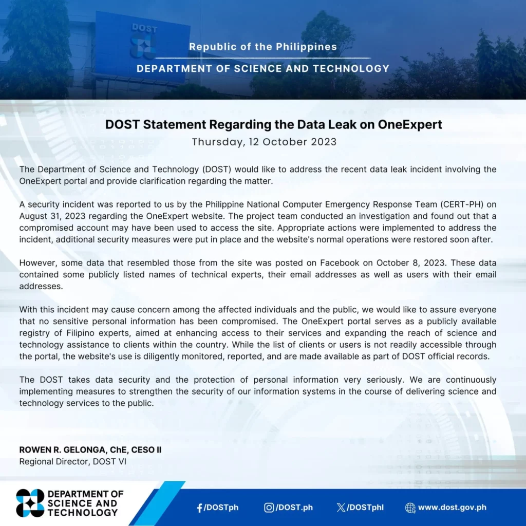 The DOST Statement Regarding the Data Leak on OneExpert. One of the recent PH cybersecurity attacks this year.
