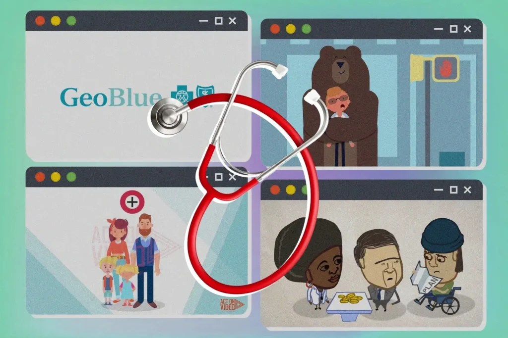 A collection of the health insurance explainer videos mentioned in the article and a medical symbol.