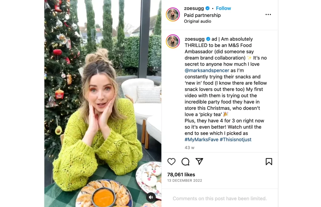 Mark and Spencer, one of the best Christmas influencer campaigns featuring zoesugg instagram post.