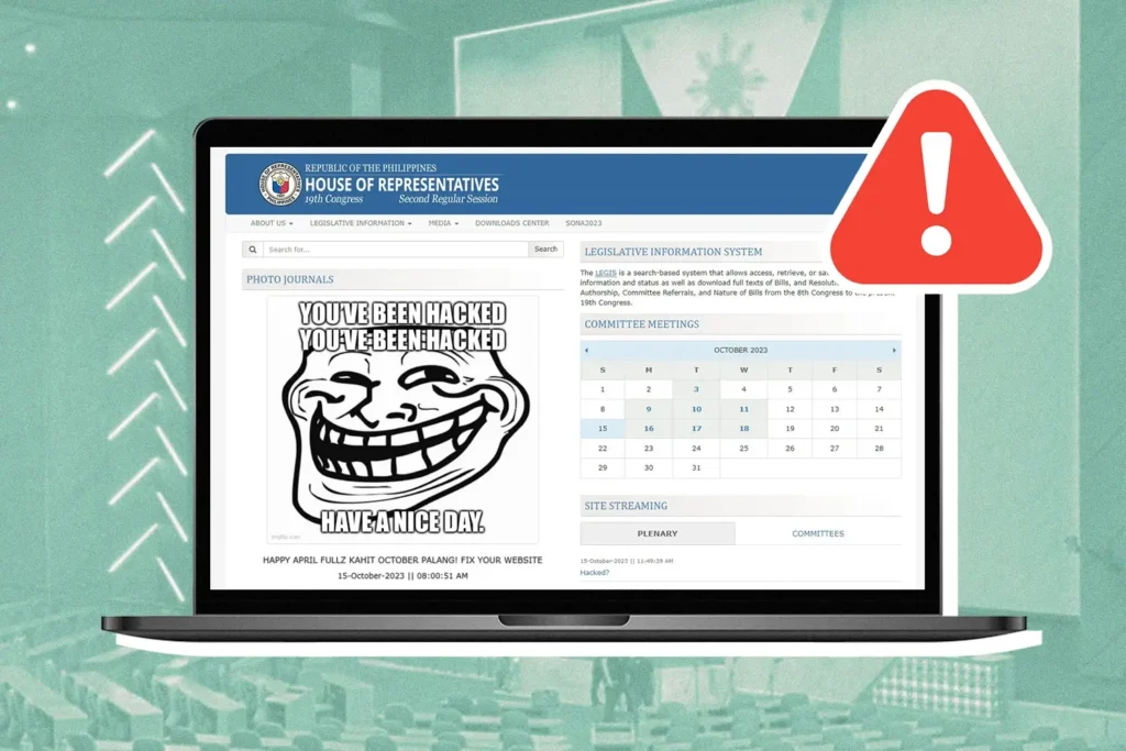 Screenshot of the House of Representatives website hacking incident. HOR and PhilHealth suffered cyberattacks, highlighting a PH cybersecurity crisis.