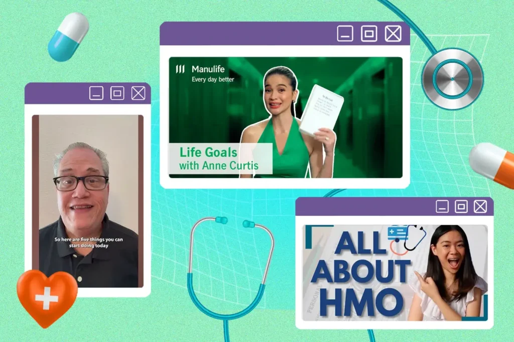 A collage of the different health insurance videos mentioned in the film, including Cigna Healthcare, and Manulife Philippines.