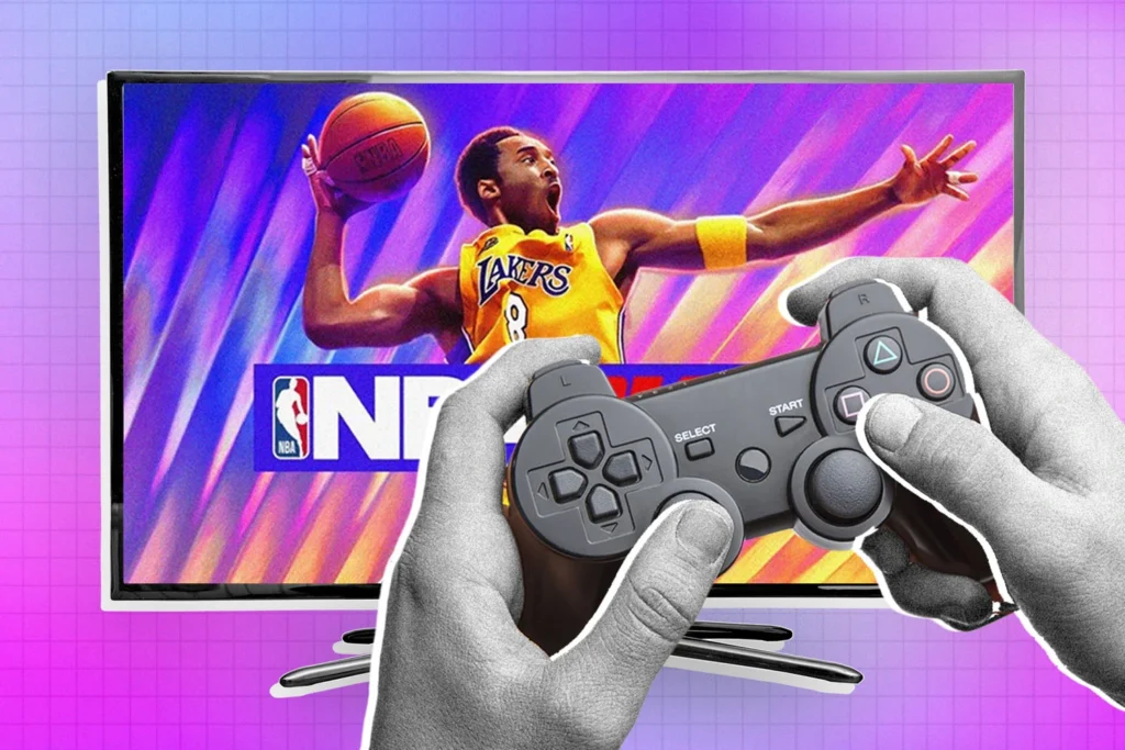 Photo of a person holding a gaming controller with the NBA 2K League APAC Invitational photo on a computer screen.