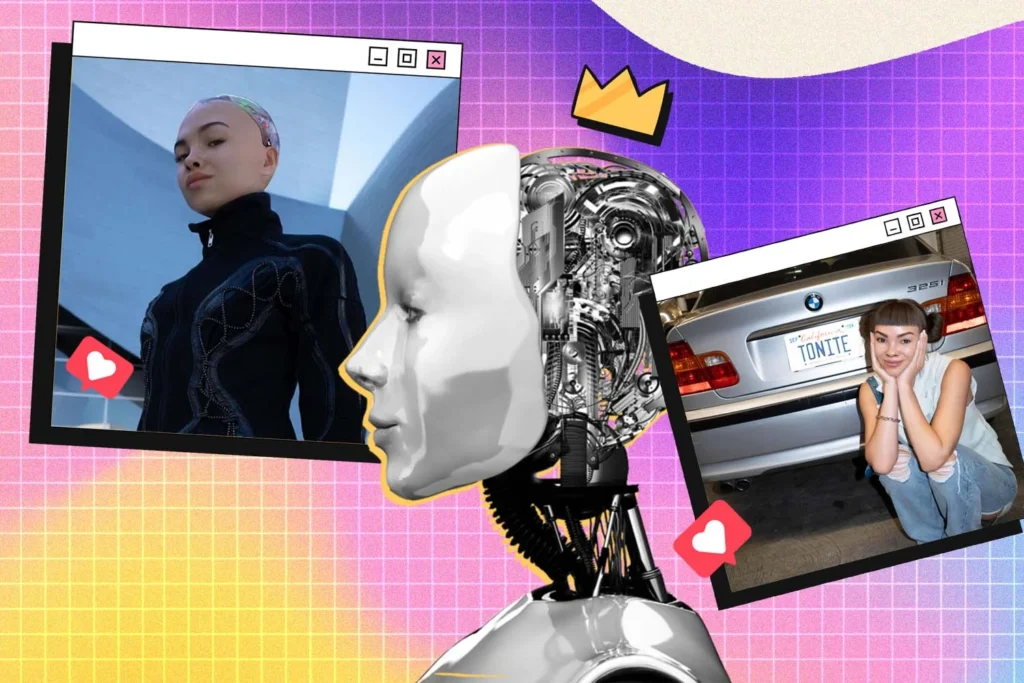 A photo of a robot wearing a crown and two pictures of AI Influencers