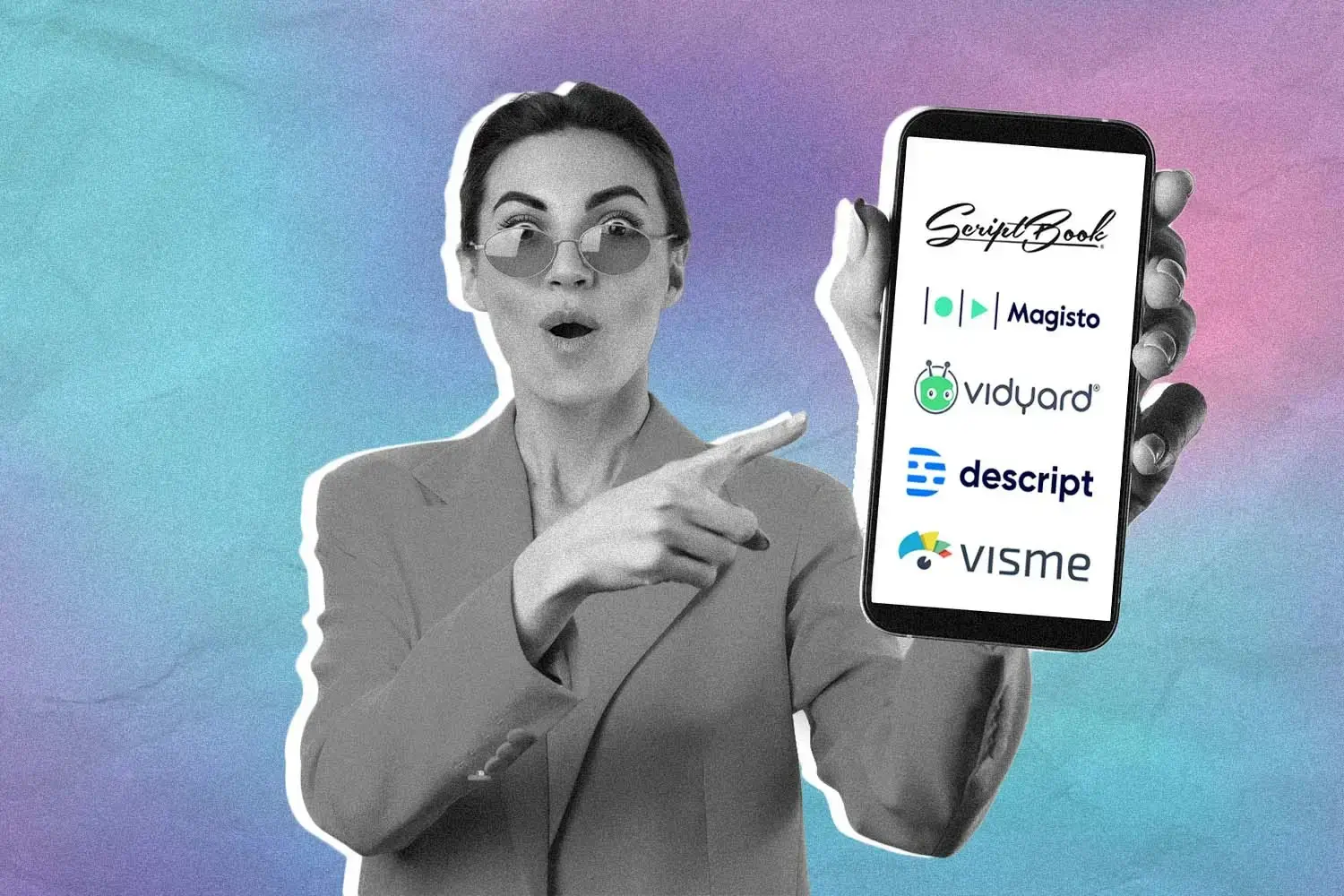 A person holding a phone with the logos of AI tools for Fintech Videos (ScriptBook, Magisto, Visme, Descript, & Vidyard) on the screen.