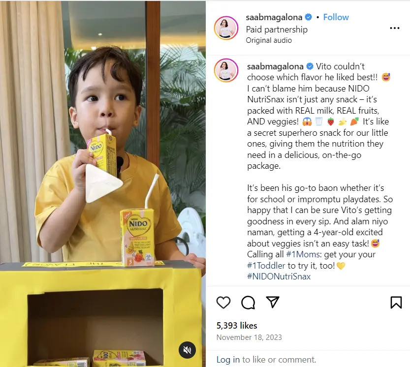 Screenshot of an Instagram filipino influencer partnership post with Nido