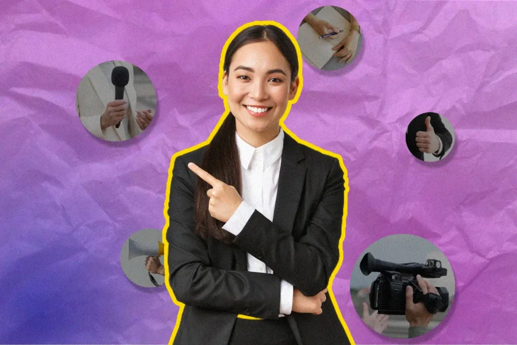 Person pointing at pr media training symbols