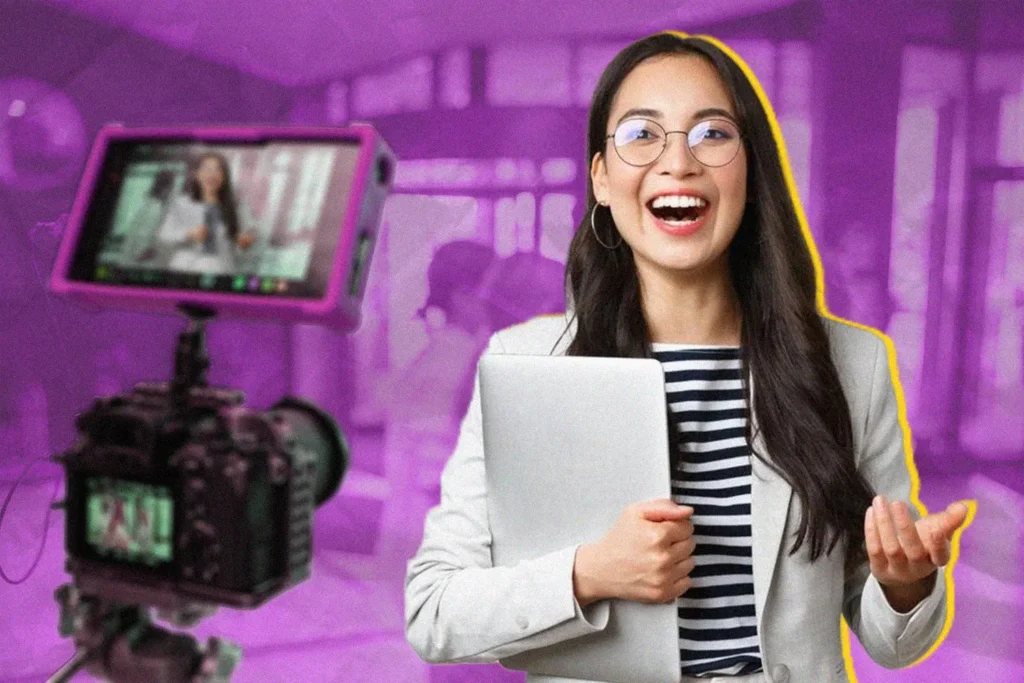 Corporate professional confidently talking in front of the camera, reaping the benefits of media training.