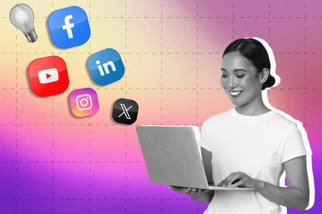 A marketer is working on her laptop creating engaging social media content.