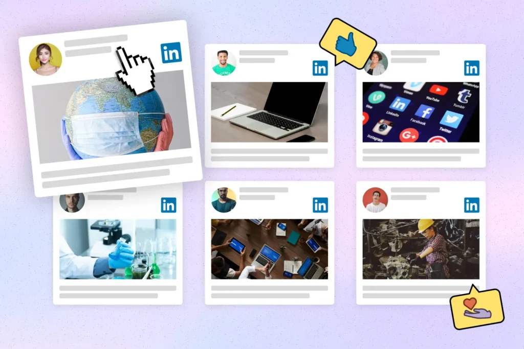 Collage of LinkedIn posts featuring various content types including a globe with a face mask, a laptop, social media icons, a scientist working in a lab, a group of people using tablets, and a construction worker.