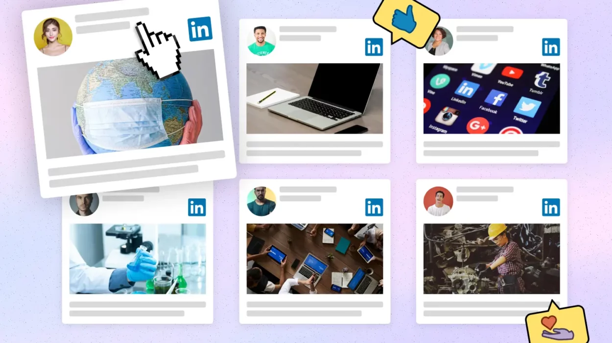 Collage of LinkedIn posts featuring various content types including a globe with a face mask, a laptop, social media icons, a scientist working in a lab, a group of people using tablets, and a construction worker. The image represents diverse content shared on LinkedIn.