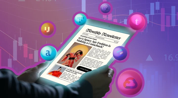 A person holding a tablet showing a fashion newsletter, with social media icons and data charts in the background.