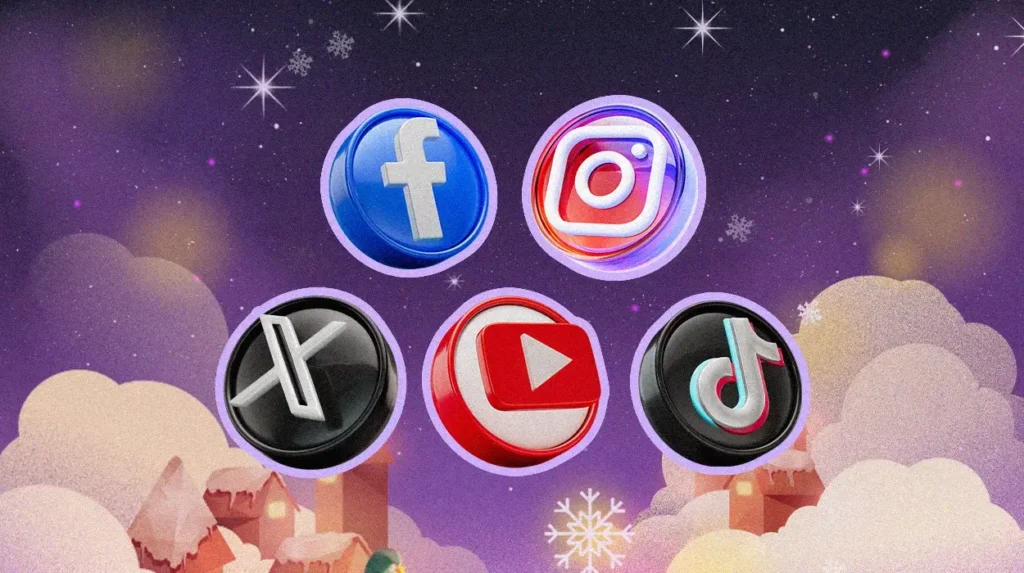 Social media platform icons (Facebook, Instagram, X, YouTube, TikTok) against a festive winter background.