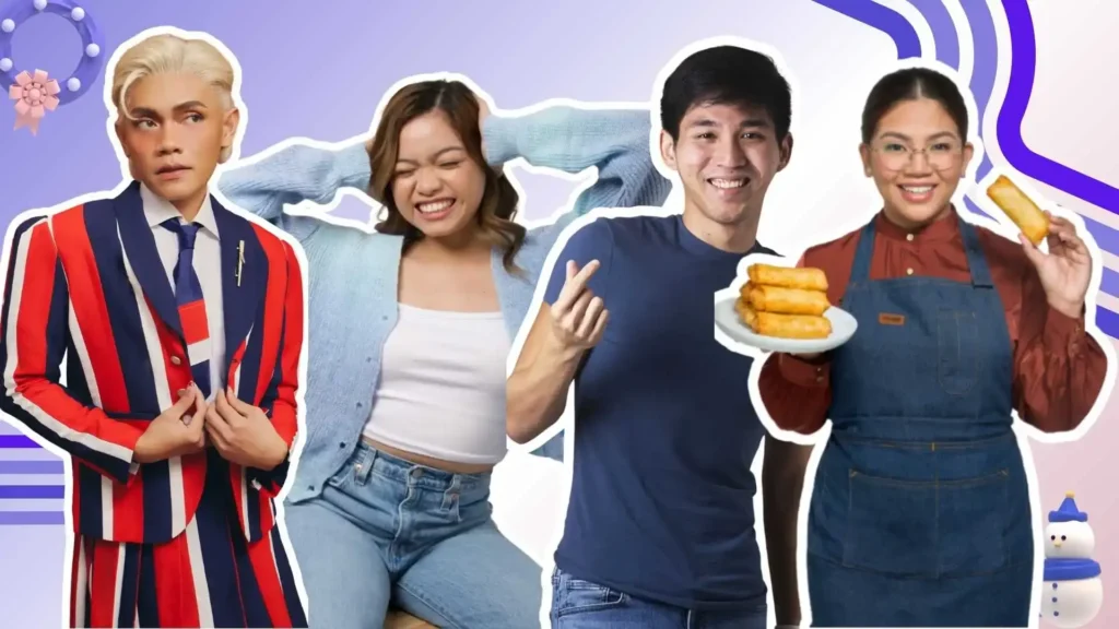 A festive collage of four influencers: a man in a red and blue striped suit, a woman smiling in a light blue cardigan, a man holding a plate of food, and a woman in an apron with spring rolls.