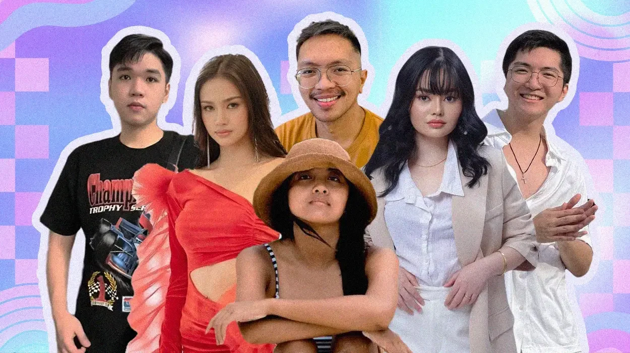 A group photo of six rising Filipino TikTok influencers showcasing diverse styles across beauty, food, tech, wellness, and travel.