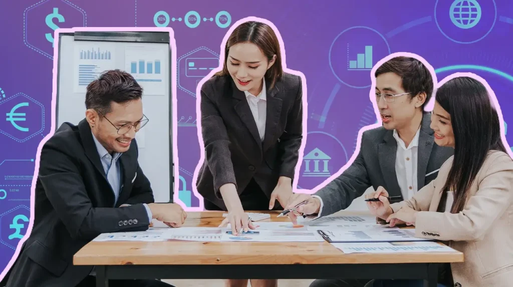 A PR professional discusses PR strategies for fintech at a thought leadership meeting with investors. A blackboard behind them displays notes on financial topics and investment strategies