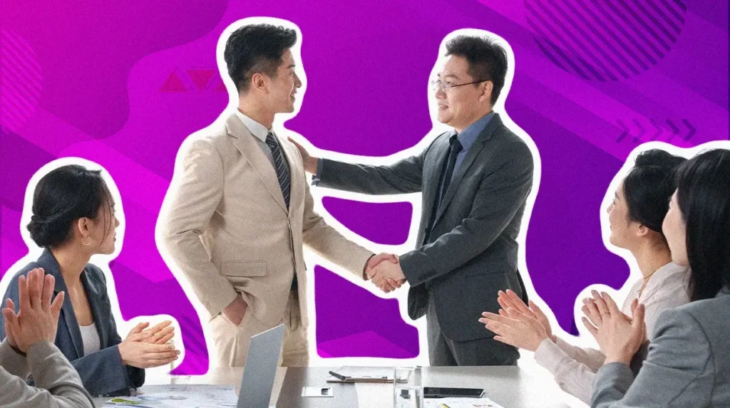 PR professional shaking hands with another, surrounded by colleagues, symbolizing what is corporate PR truly.