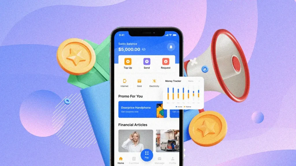 Mobile app interface showcasing financial tools, symbolizing 'How to Build an Effective Fintech PR Strategy' with coins and a megaphone in the background.