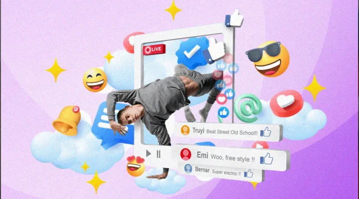 A dynamic collage featuring a dancer breaking through a Facebook live frame, surrounded by emojis, likes, and comments, showcasing tips for creating content on Facebook.