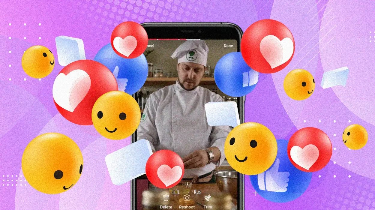 A chef on a Facebook live, with heart, like reactions