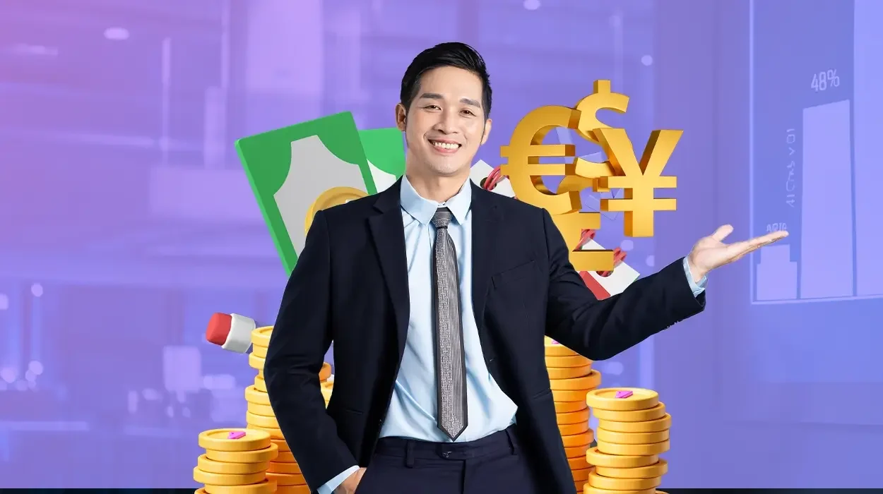 A smiling businessman gestures beside money, coins, and currency symbols.