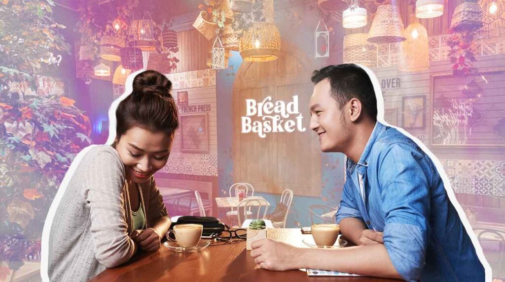 Couple holding a coffee with floral background.